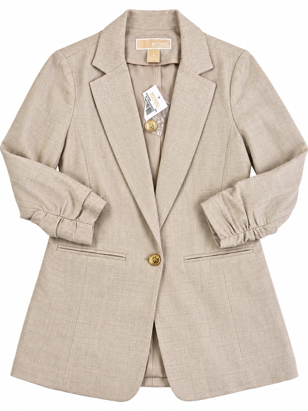 NWT Michael Kors Beige 100% Linen Blazer – Size 4 New Ruched 3/4 Sleeve Jacket